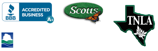 A set of logos showing that Rainhunters is accredited by the Better Business Bureau and is adheres to the practices of the Texas Commission on Environment Quality, TNLA, and Scotts